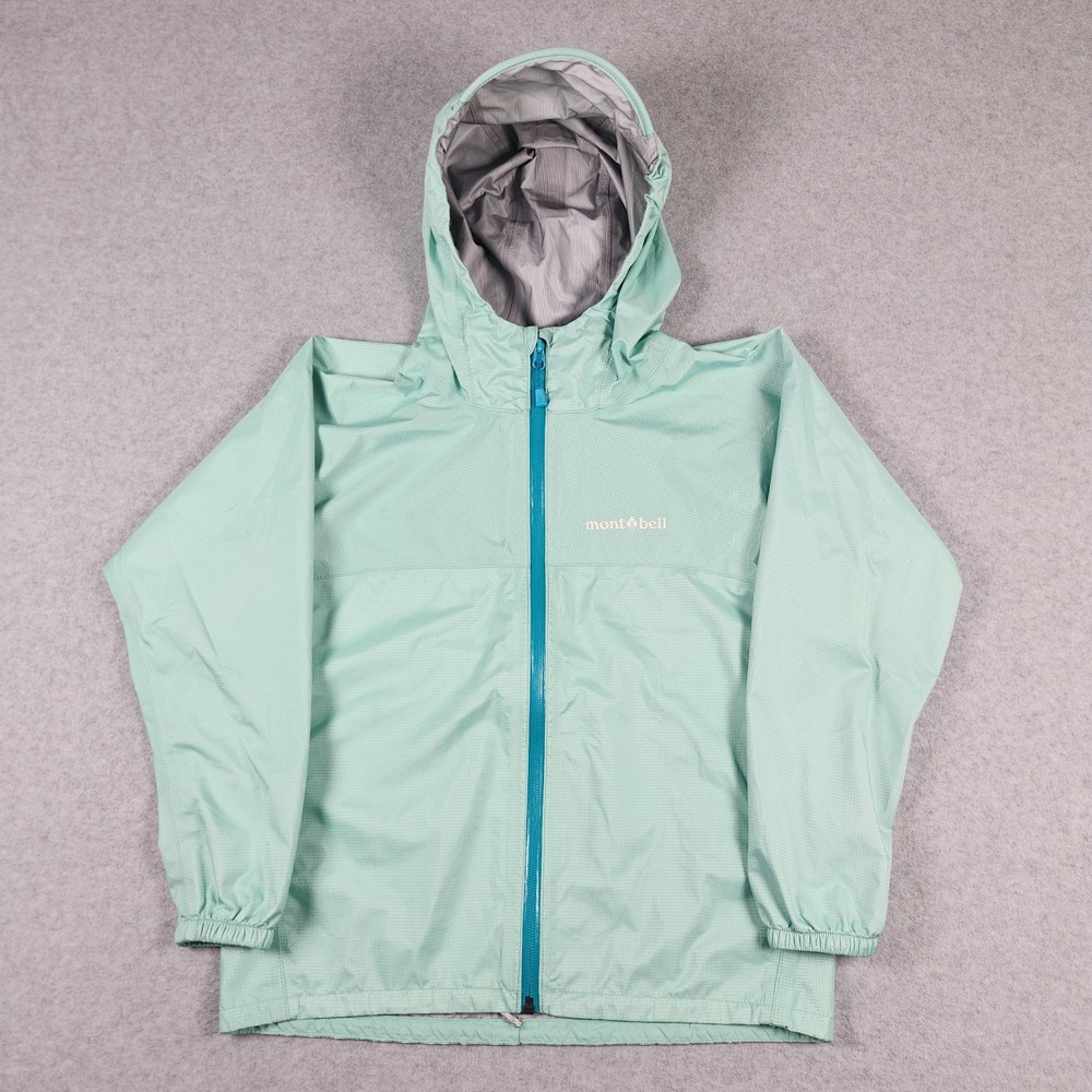 Montbell Jacket Kids 140 9-10 Blue Green Waterproof Hooded Rain Coat Reflective